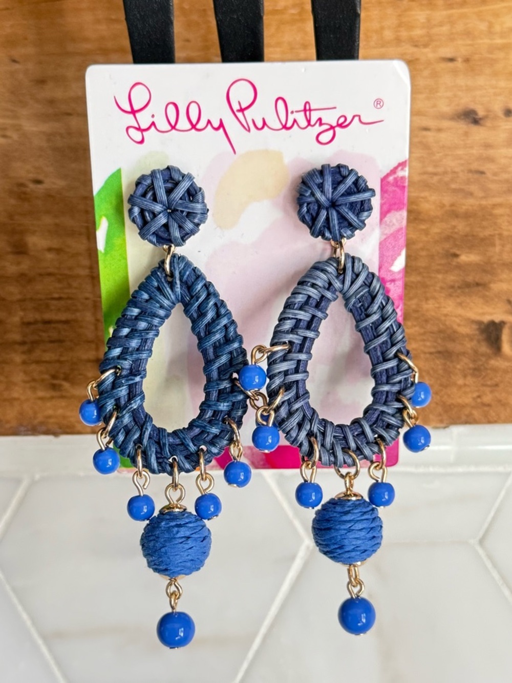 Lilly Pulitzer Navy Blue Woven Teardrop Dangle Earrings for Kids